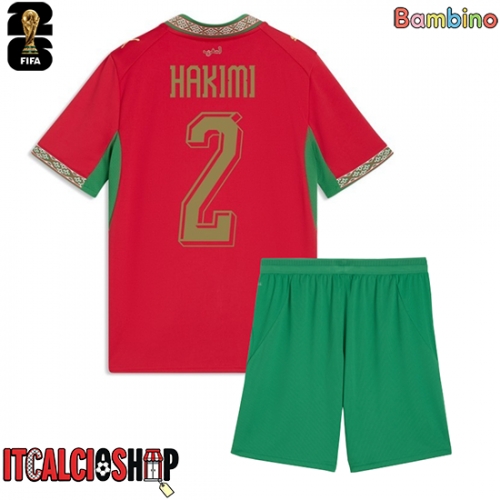 Marocco Achraf Hakimi #2 Prima Maglia Bambino Mondiali 2026 Manica Corta (+ Pantaloni corti)